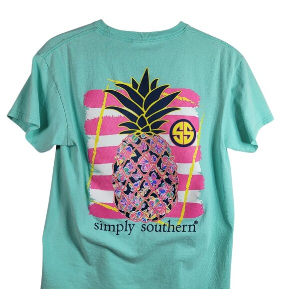Simply Southern Women Pineapple T Shirt Green Mint Medium Floral S/S Pink READ - Picture 5 of 9